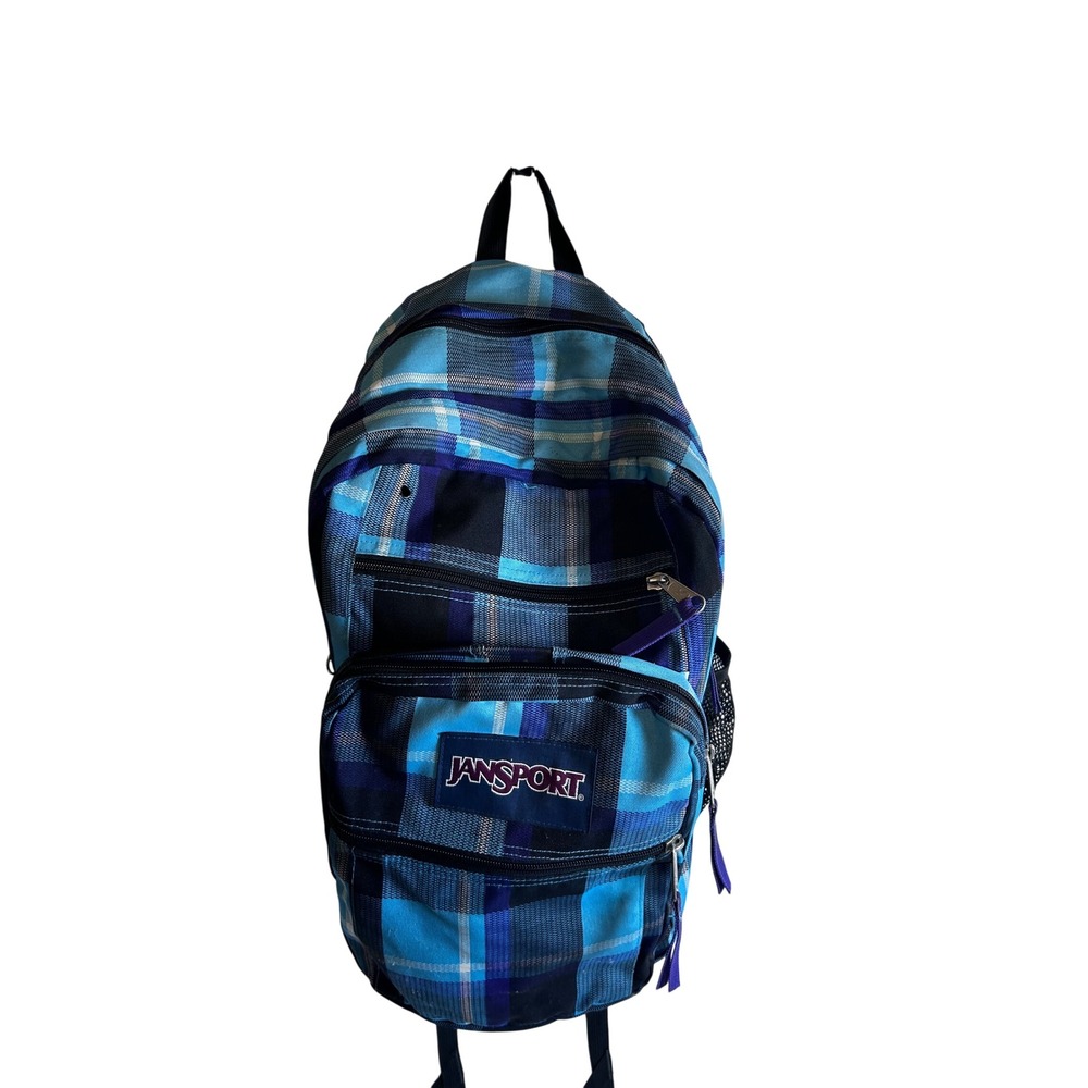 Jansport Backpack OS Blue Purple Plaid Multi-Pocket School Travel Bag Women